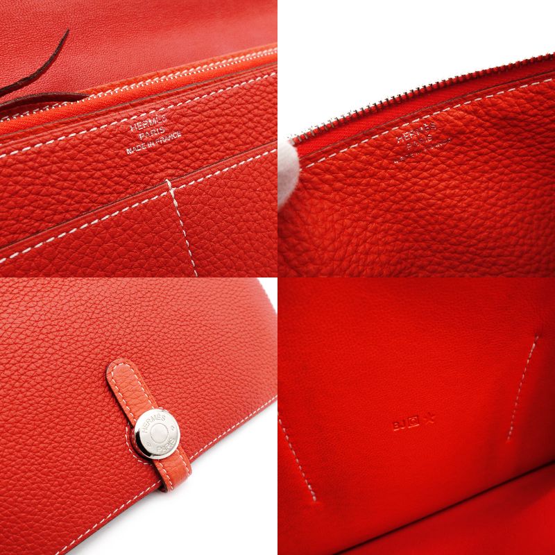 HERMES Dogon GM Long Wallet Leather Red Silver Hardware Wallet □Q Stamped Wallet 7-12-0660
