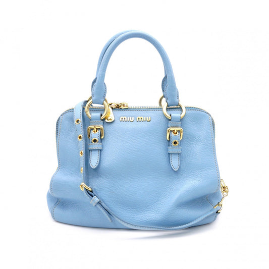 Miu Miu Madras Handbag, Leather, Blue, 2-Way Shoulder Bag, Gold Hardware