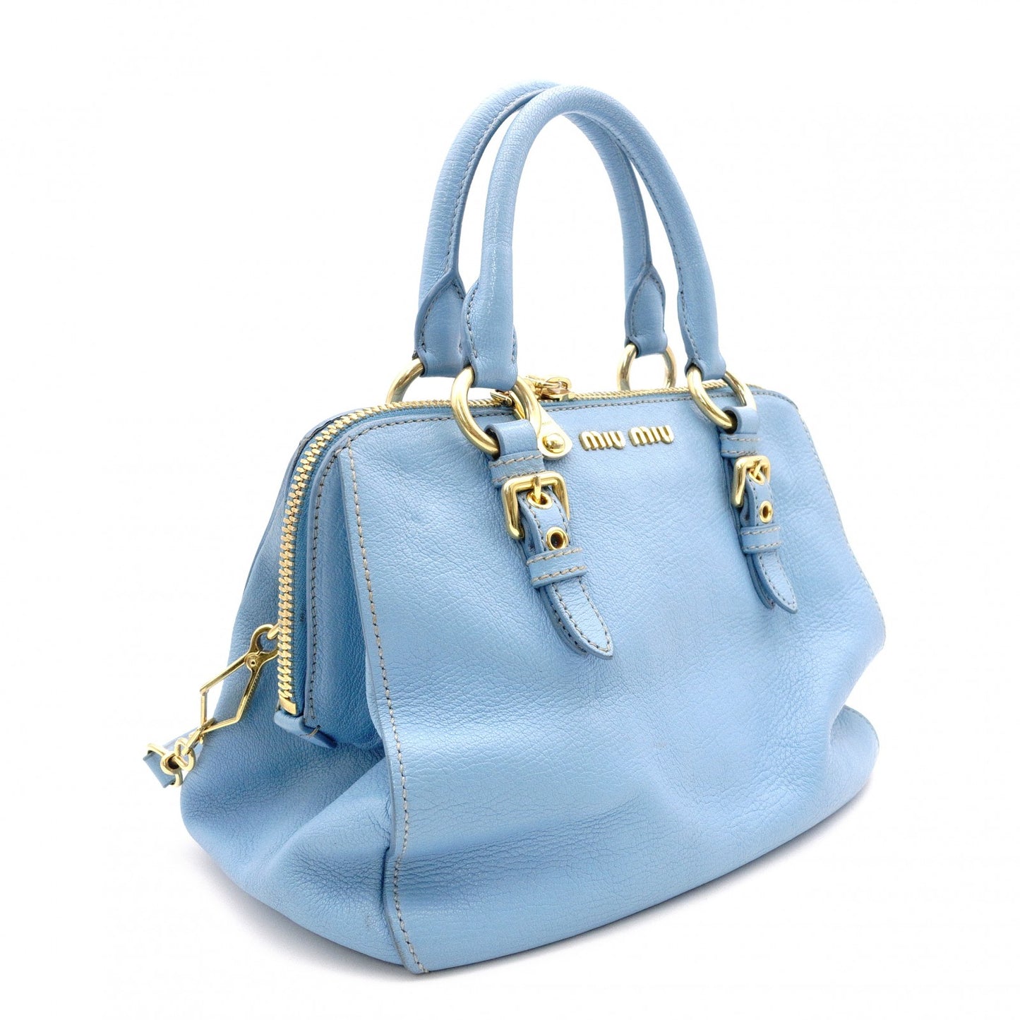 Miu Miu Madras Handbag, Leather, Blue, 2-Way Shoulder Bag, Gold Hardware