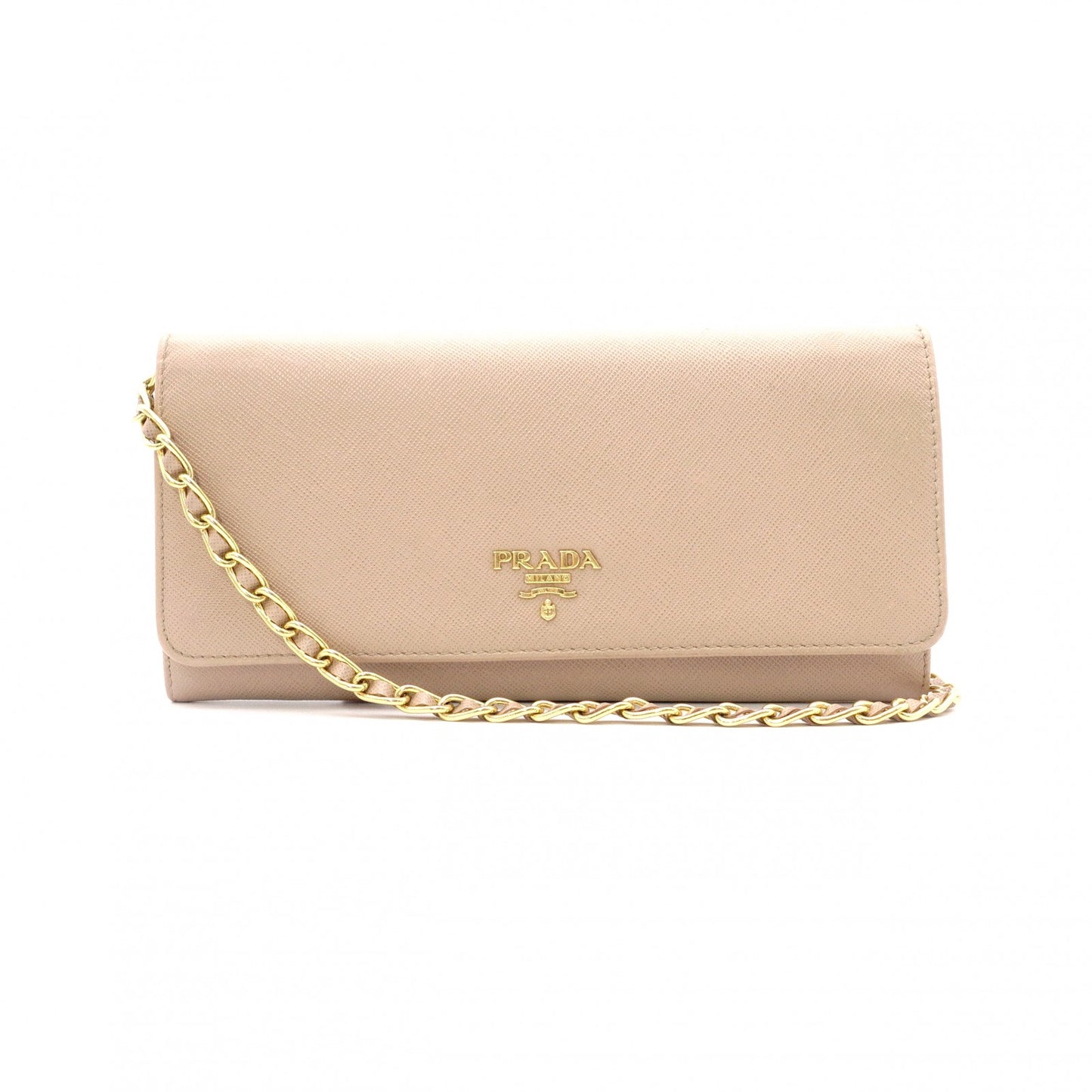 PRADA Saffiano Wallet Chain, Leather, Beige, Long Wallet, Shoulder Bag, Gold Hardware