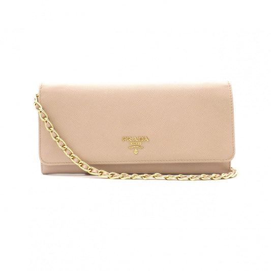 PRADA Saffiano Wallet Chain, Leather, Beige, Long Wallet, Shoulder Bag, Gold Hardware
