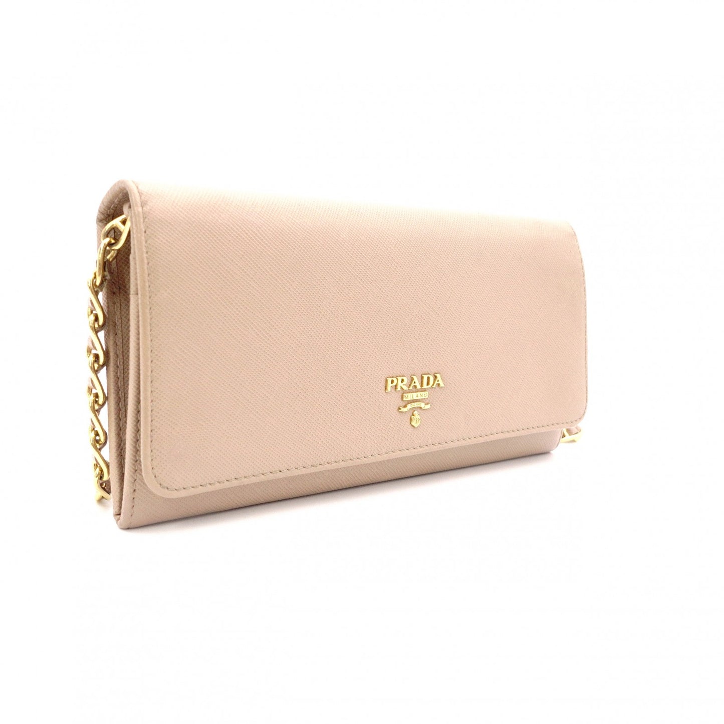 PRADA Saffiano Wallet Chain, Leather, Beige, Long Wallet, Shoulder Bag, Gold Hardware