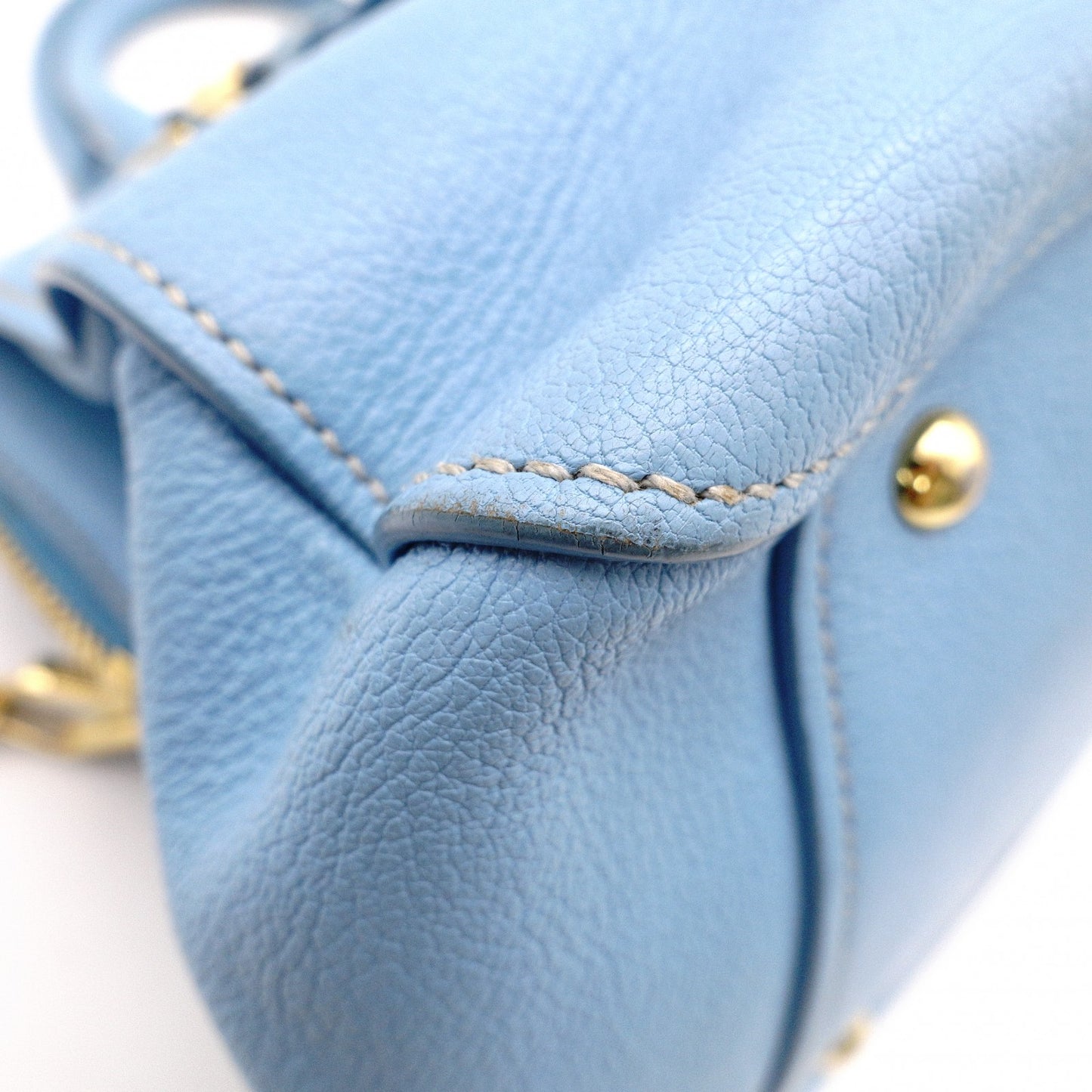 Miu Miu Madras Handbag, Leather, Blue, 2-Way Shoulder Bag, Gold Hardware