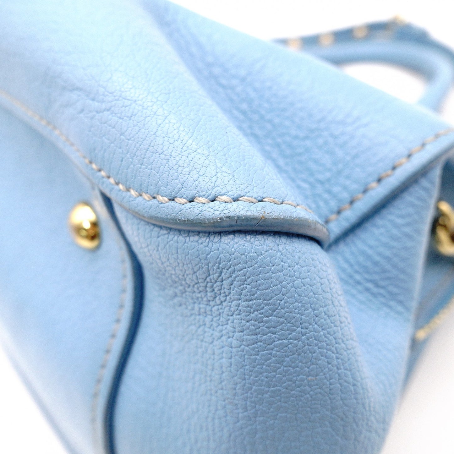 Miu Miu Madras Handbag, Leather, Blue, 2-Way Shoulder Bag, Gold Hardware
