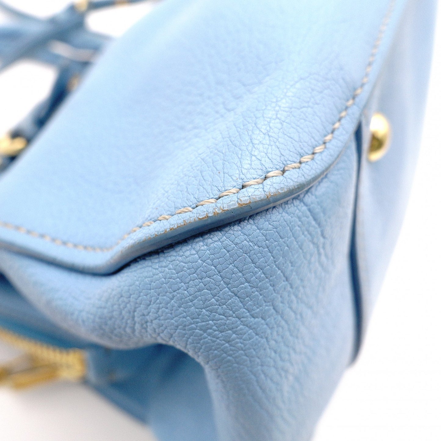 Miu Miu Madras Handbag, Leather, Blue, 2-Way Shoulder Bag, Gold Hardware