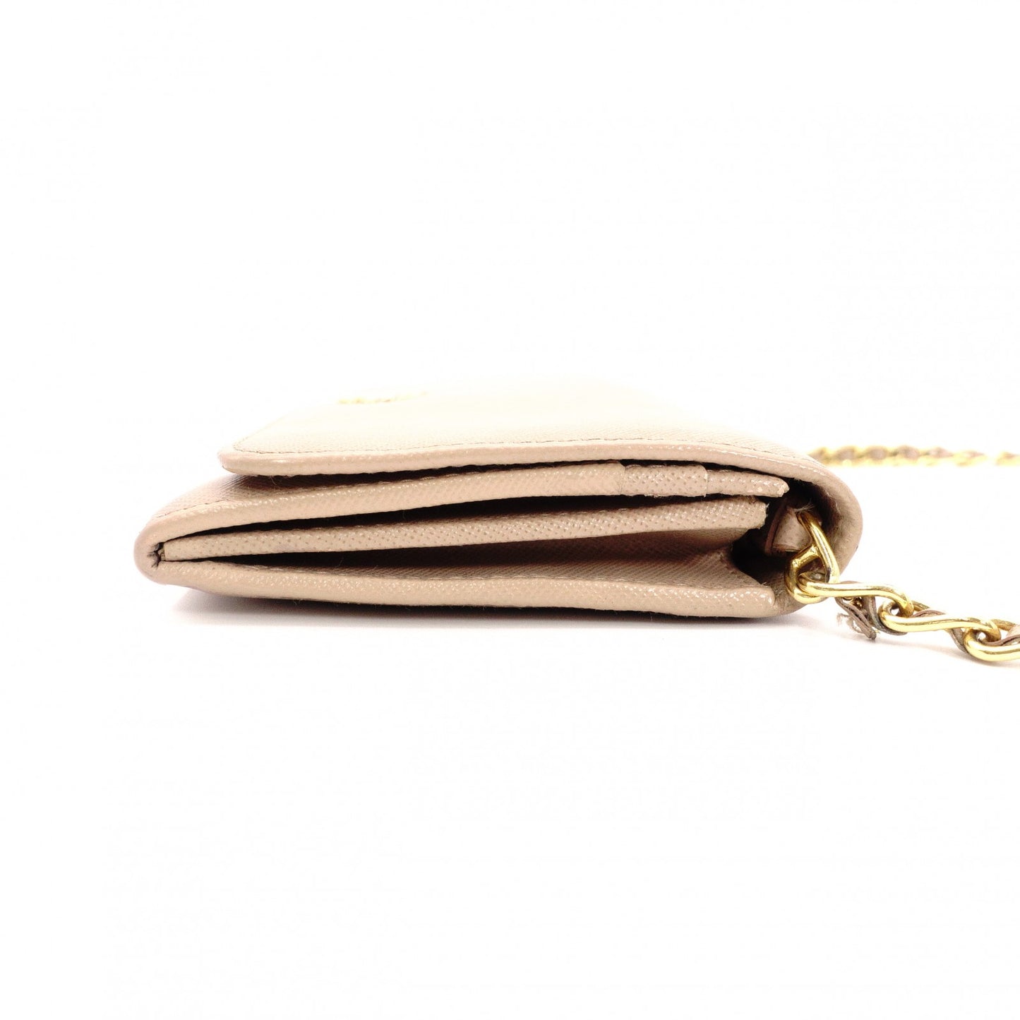 PRADA Saffiano Wallet Chain, Leather, Beige, Long Wallet, Shoulder Bag, Gold Hardware