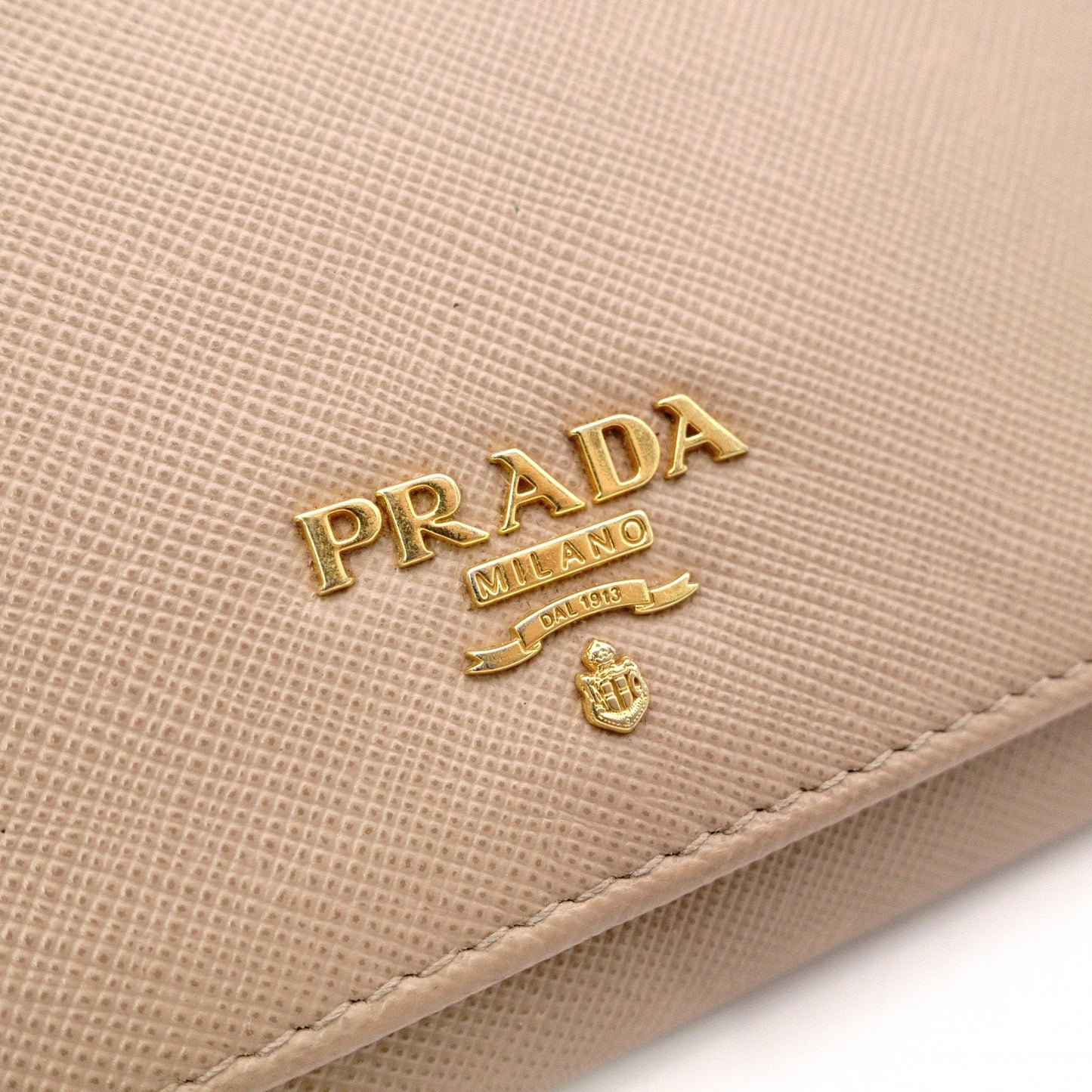 PRADA Saffiano Wallet Chain, Leather, Beige, Long Wallet, Shoulder Bag, Gold Hardware