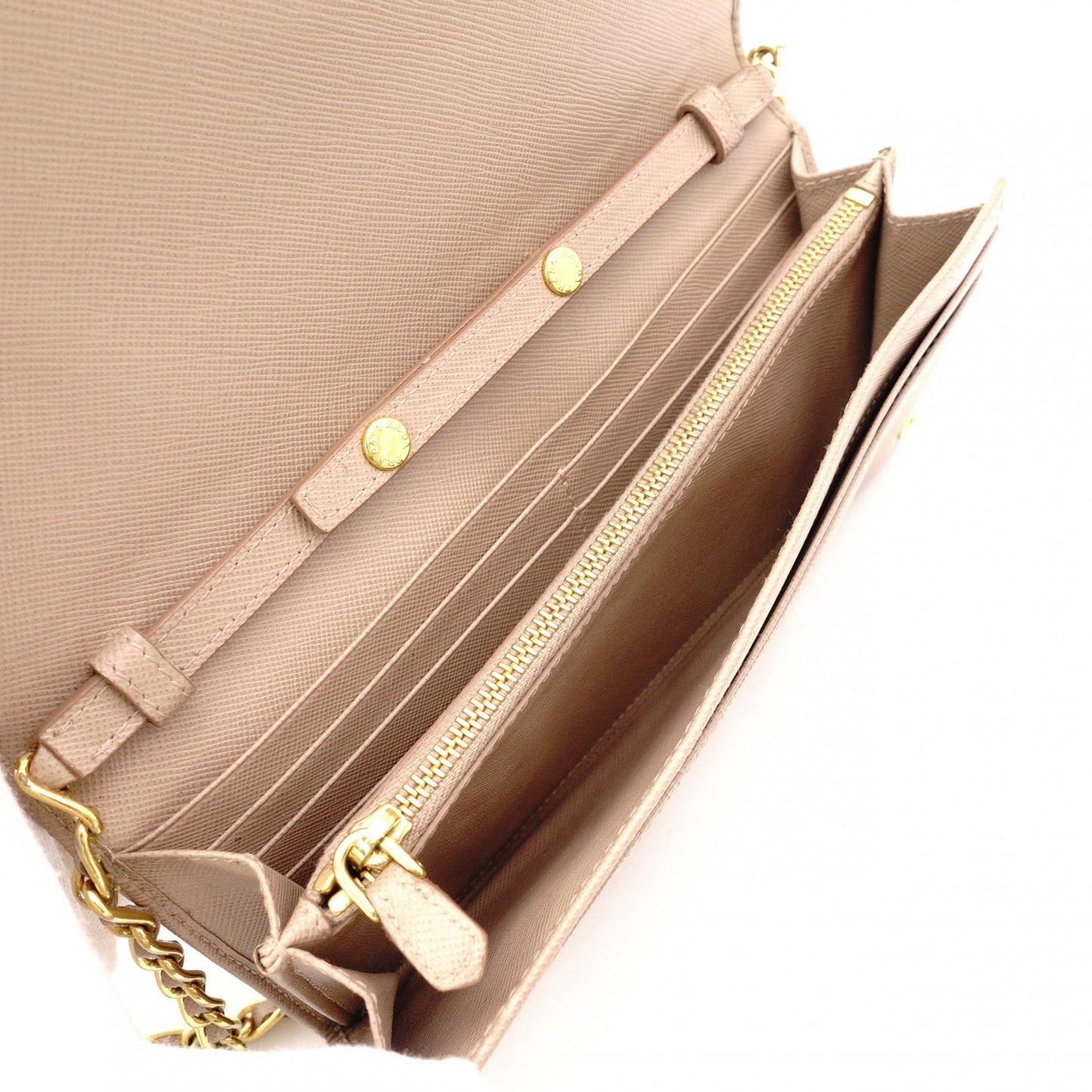 PRADA Saffiano Wallet Chain, Leather, Beige, Long Wallet, Shoulder Bag, Gold Hardware