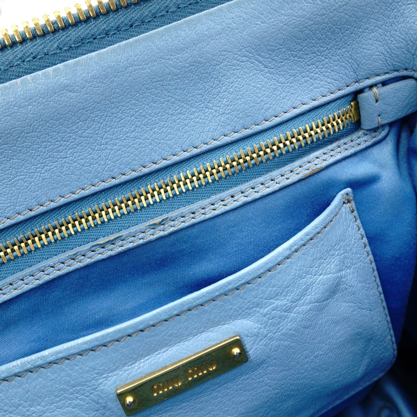 Miu Miu Madras Handbag, Leather, Blue, 2-Way Shoulder Bag, Gold Hardware