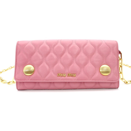 Miu Miu Leather Chain Wallet Pink Gold Hardware Quilted Long Wallet Shoulder Logo 7-11-212