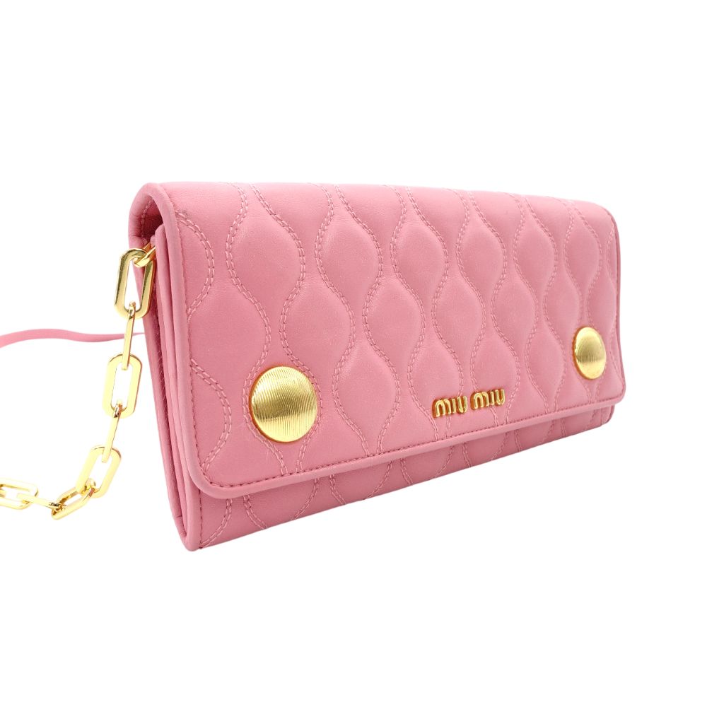 Miu Miu Leather Chain Wallet Pink Gold Hardware Quilted Long Wallet Shoulder Logo 7-11-212
