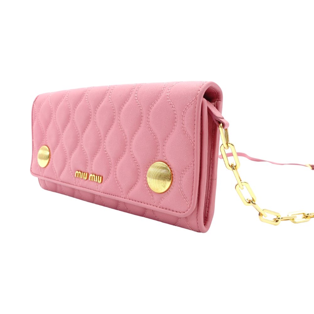 Miu Miu Leather Chain Wallet Pink Gold Hardware Quilted Long Wallet Shoulder Logo 7-11-212