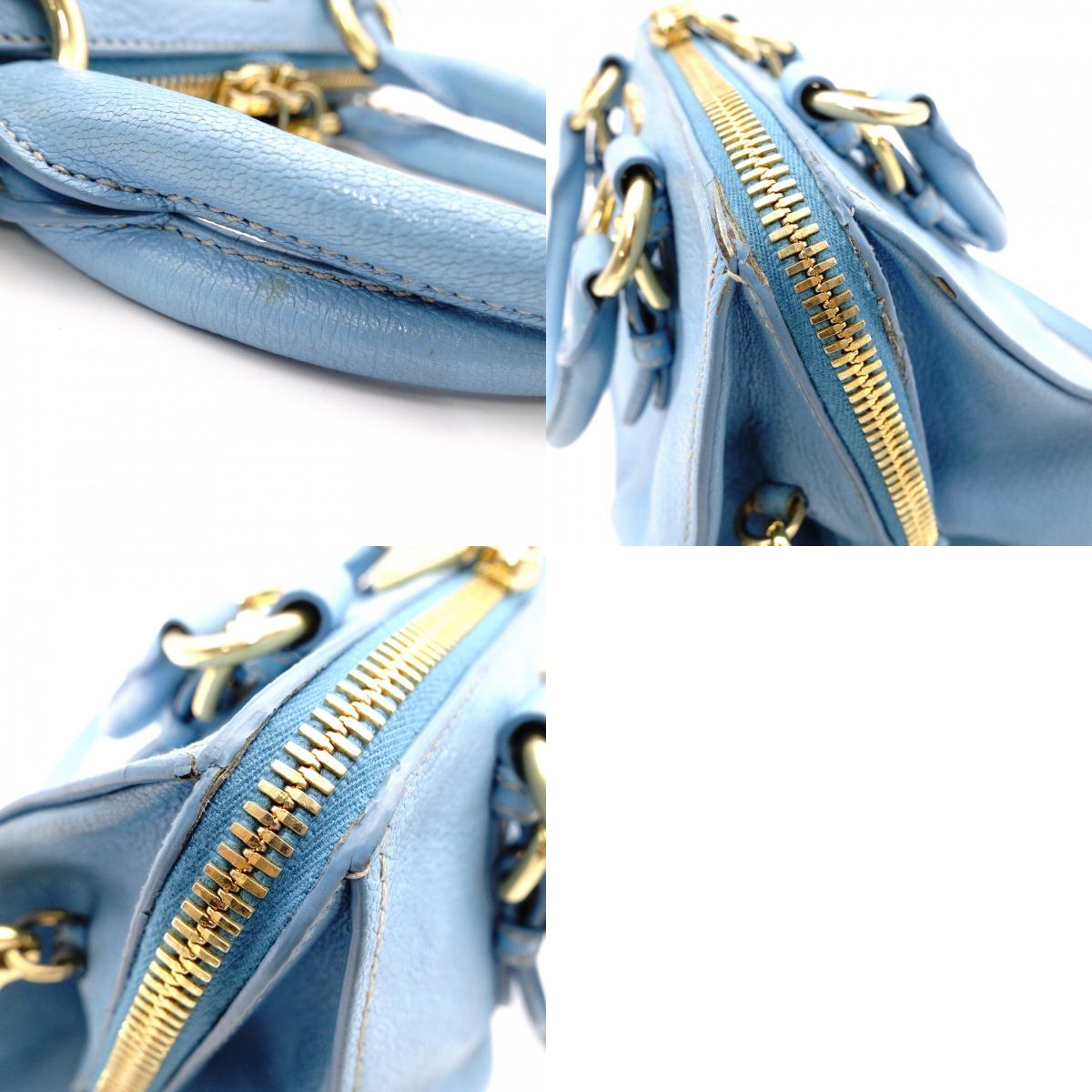 Miu Miu Madras Handbag, Leather, Blue, 2-Way Shoulder Bag, Gold Hardware
