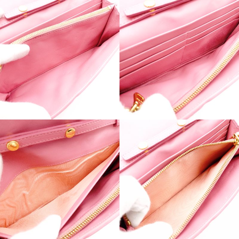 Miu Miu Leather Chain Wallet Pink Gold Hardware Quilted Long Wallet Shoulder Logo 7-11-212