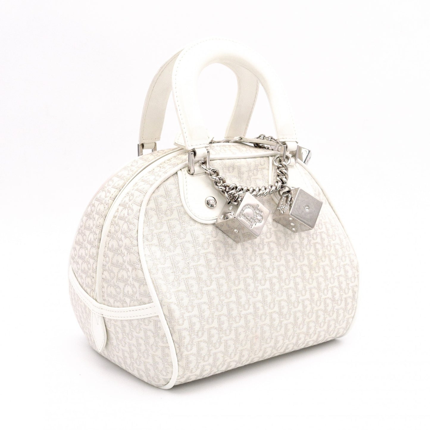 Christian Dior Gambler Dice Trotter Handbag, Canvas/Leather, White/Silver, Women's