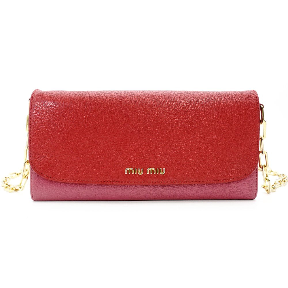 MIU MIU Madras Shoulder Bag Red × Pink Chain Wallet Leather Wallet Red Long Wallet R801090