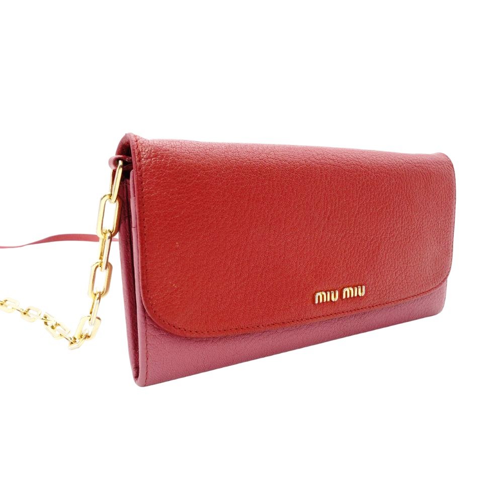 MIU MIU Madras Shoulder Bag Red × Pink Chain Wallet Leather Wallet Red Long Wallet R801090