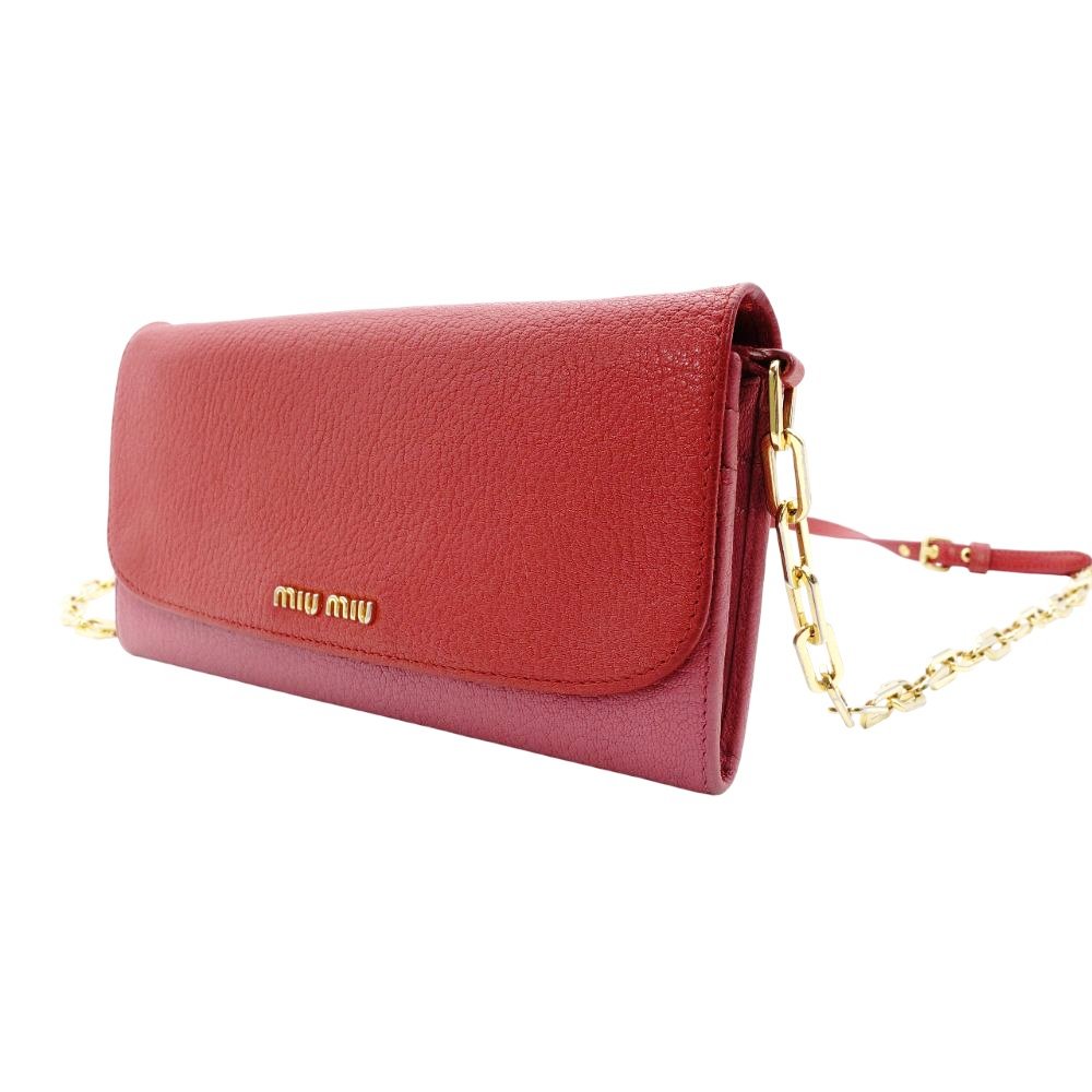 MIU MIU Madras Shoulder Bag Red × Pink Chain Wallet Leather Wallet Red Long Wallet R801090