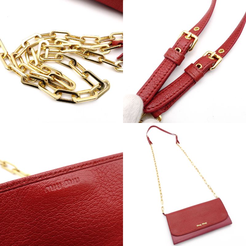 MIU MIU Madras Shoulder Bag Red × Pink Chain Wallet Leather Wallet Red Long Wallet R801090
