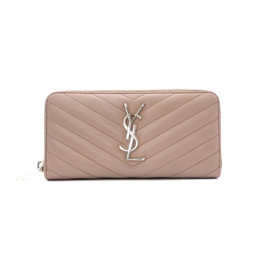 YVES SAINT LAURENT V-Stitch Cassandra Long Wallet, Leather, Beige, Silver Hardware