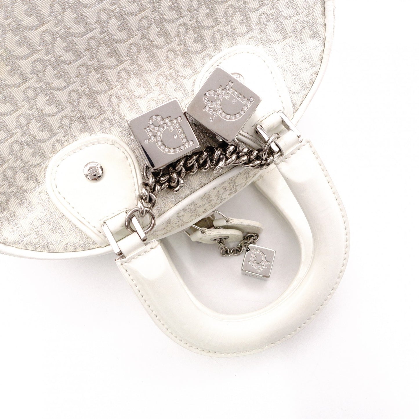 Christian Dior Gambler Dice Trotter Handbag, Canvas/Leather, White/Silver, Women's