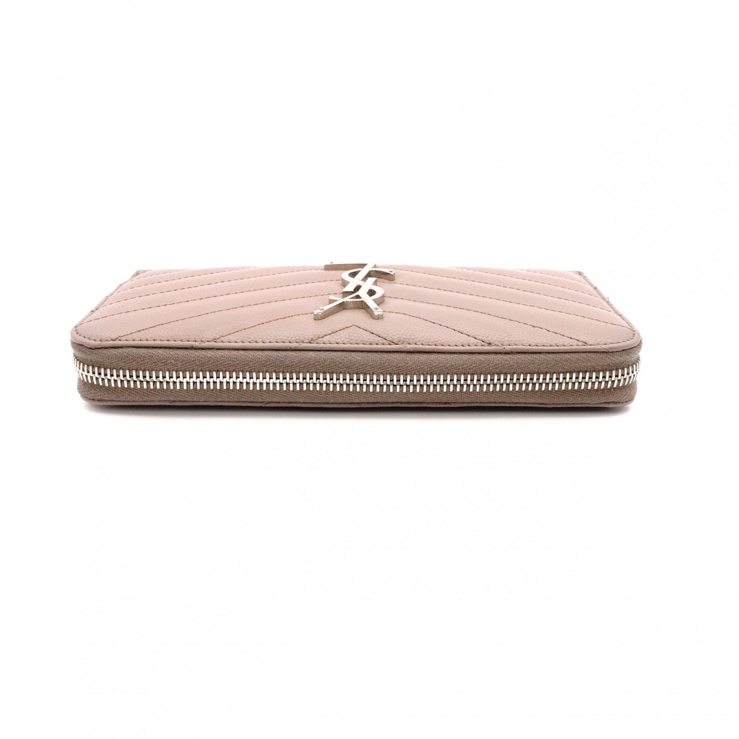 YVES SAINT LAURENT V-Stitch Cassandra Long Wallet, Leather, Beige, Silver Hardware
