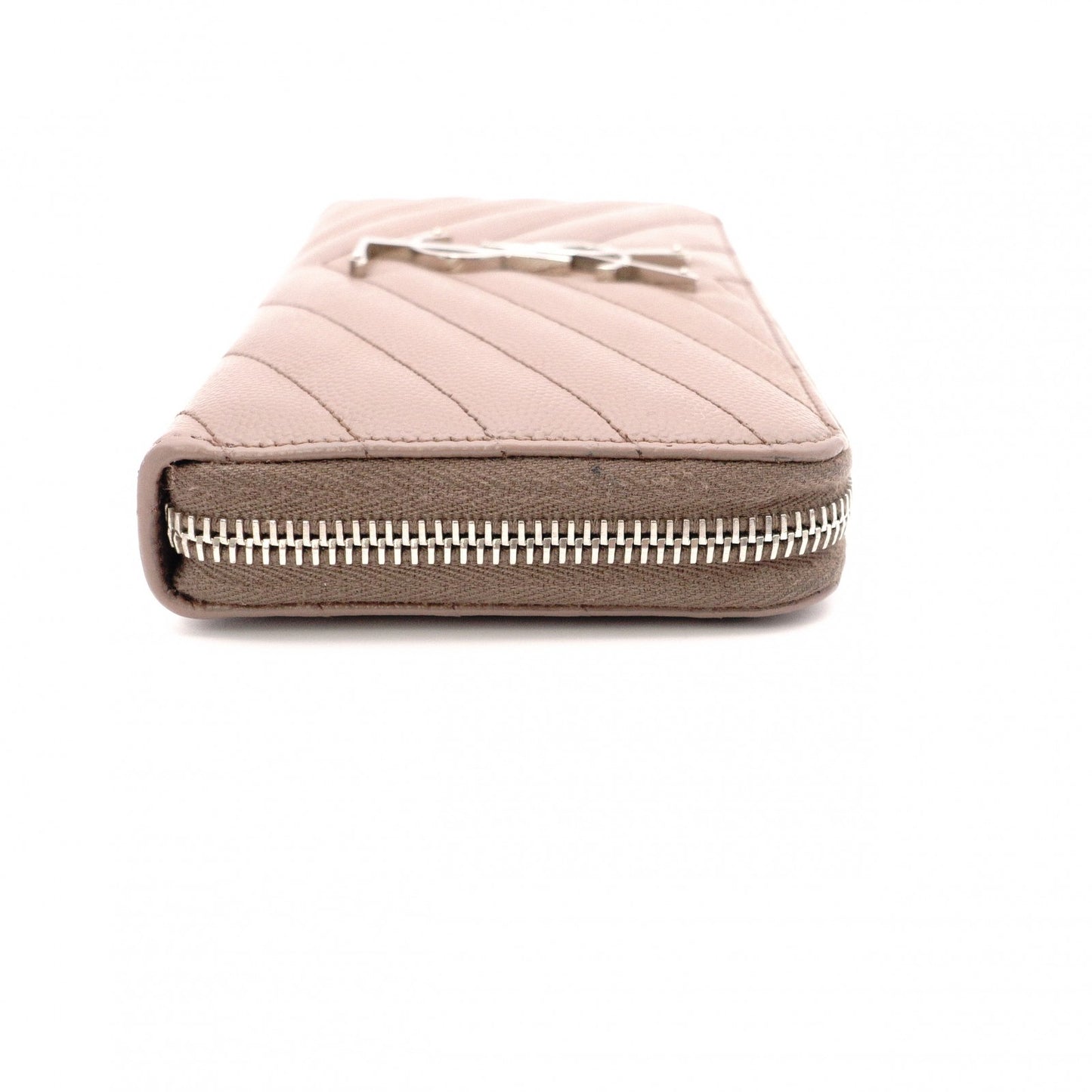 YVES SAINT LAURENT V-Stitch Cassandra Long Wallet, Leather, Beige, Silver Hardware