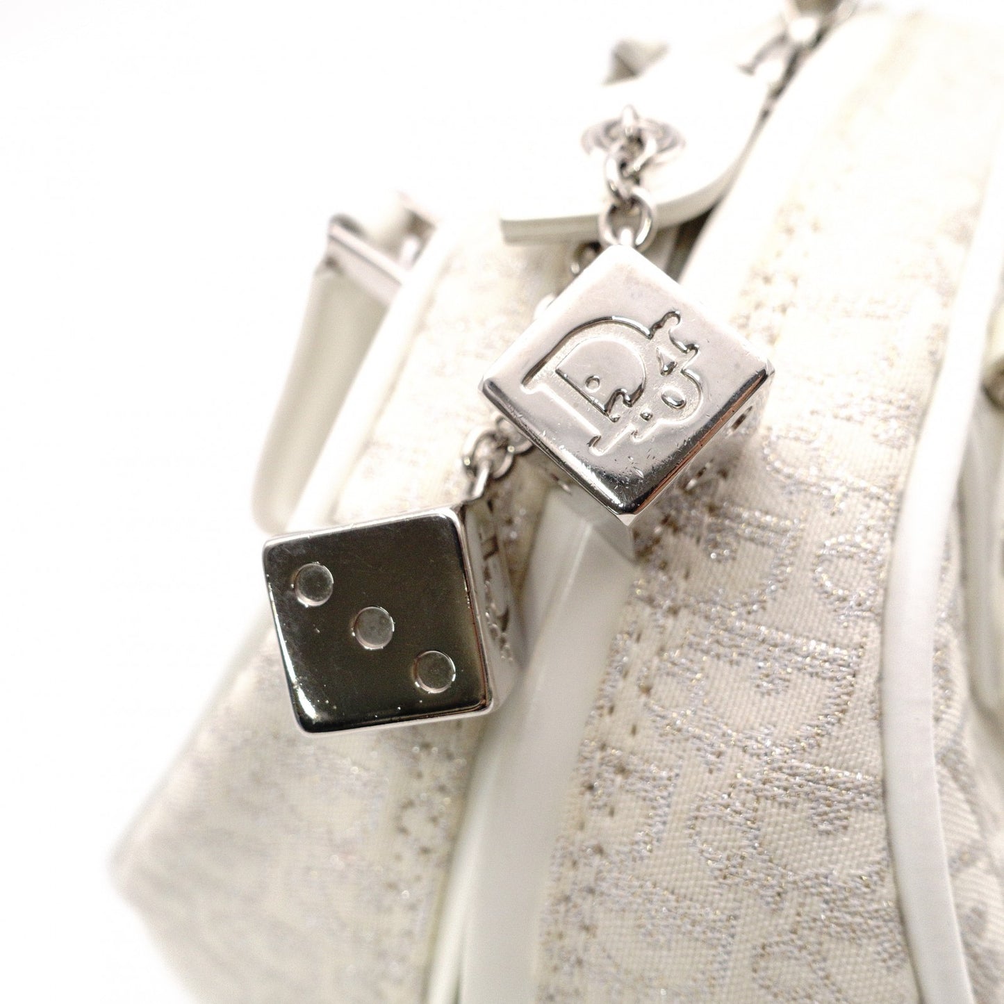 Christian Dior Gambler Dice Trotter Handbag, Canvas/Leather, White/Silver, Women's
