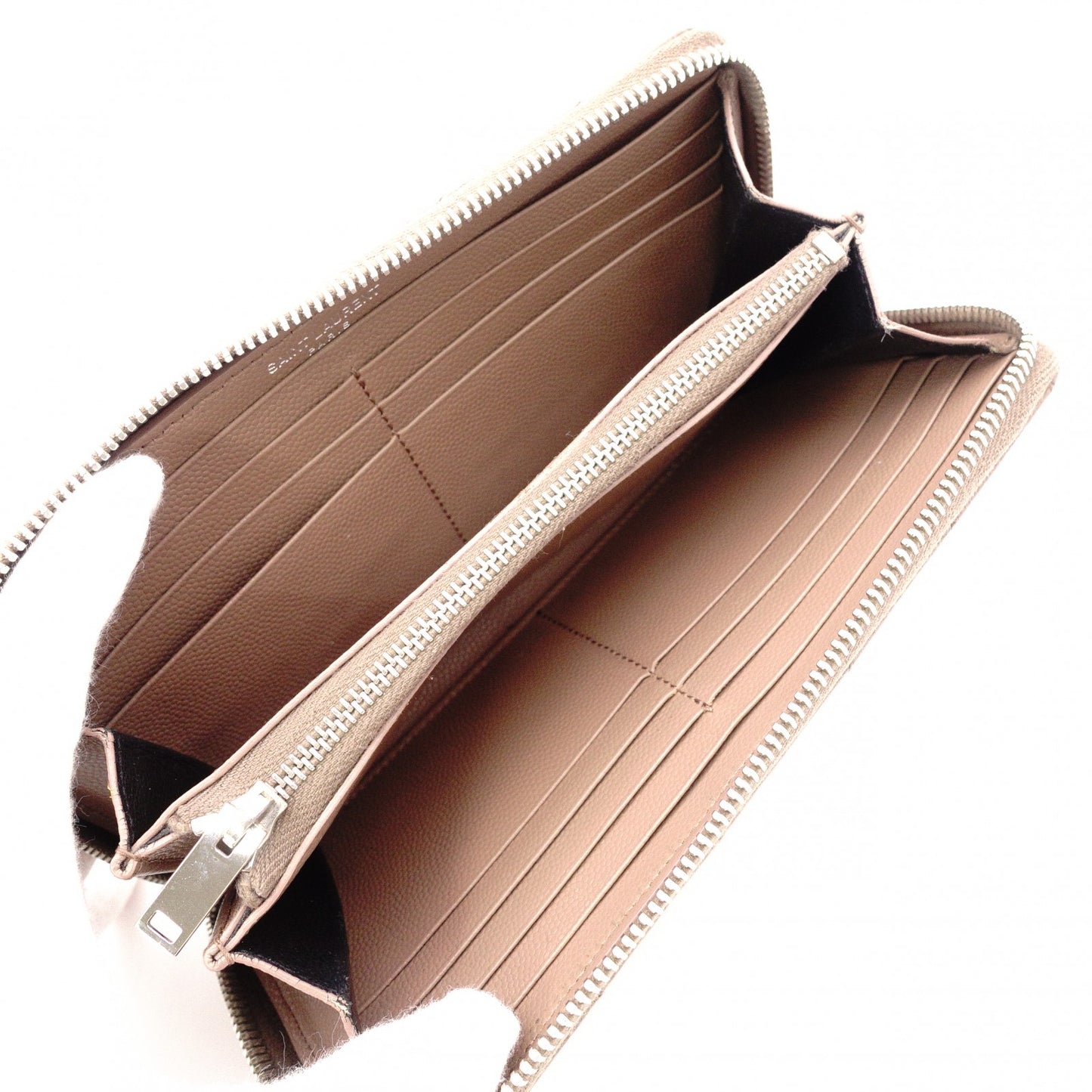 YVES SAINT LAURENT V-Stitch Cassandra Long Wallet, Leather, Beige, Silver Hardware