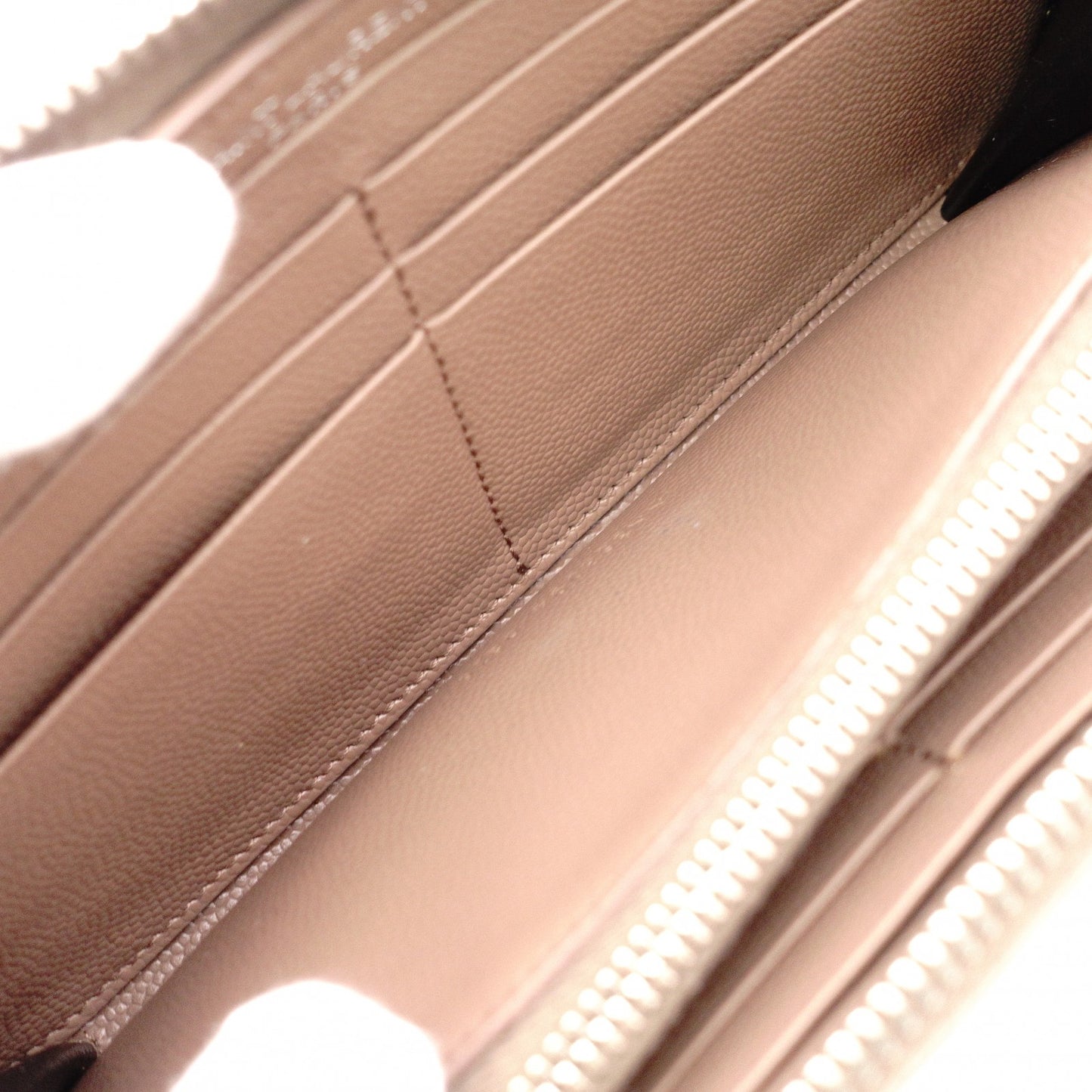 YVES SAINT LAURENT V-Stitch Cassandra Long Wallet, Leather, Beige, Silver Hardware