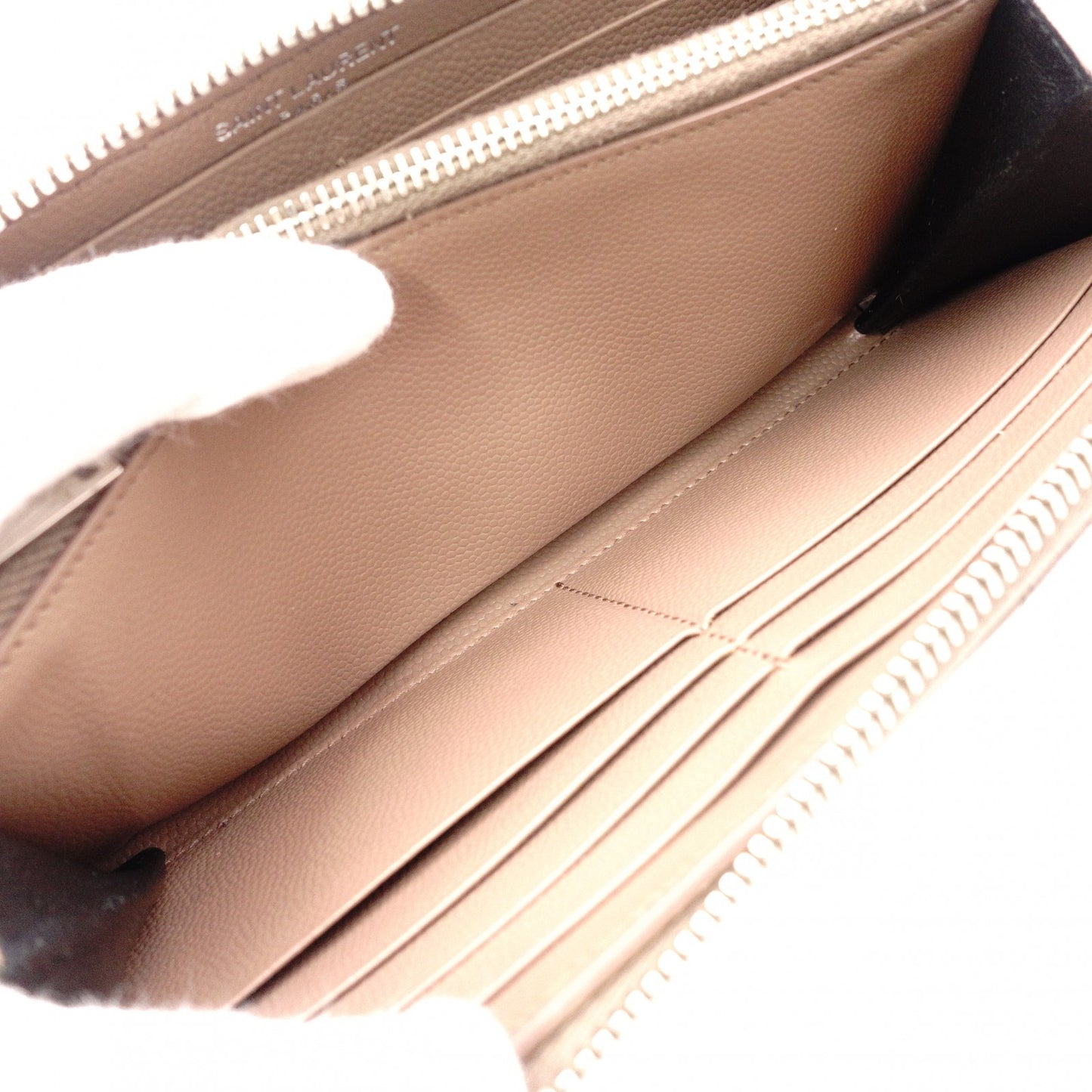 YVES SAINT LAURENT V-Stitch Cassandra Long Wallet, Leather, Beige, Silver Hardware