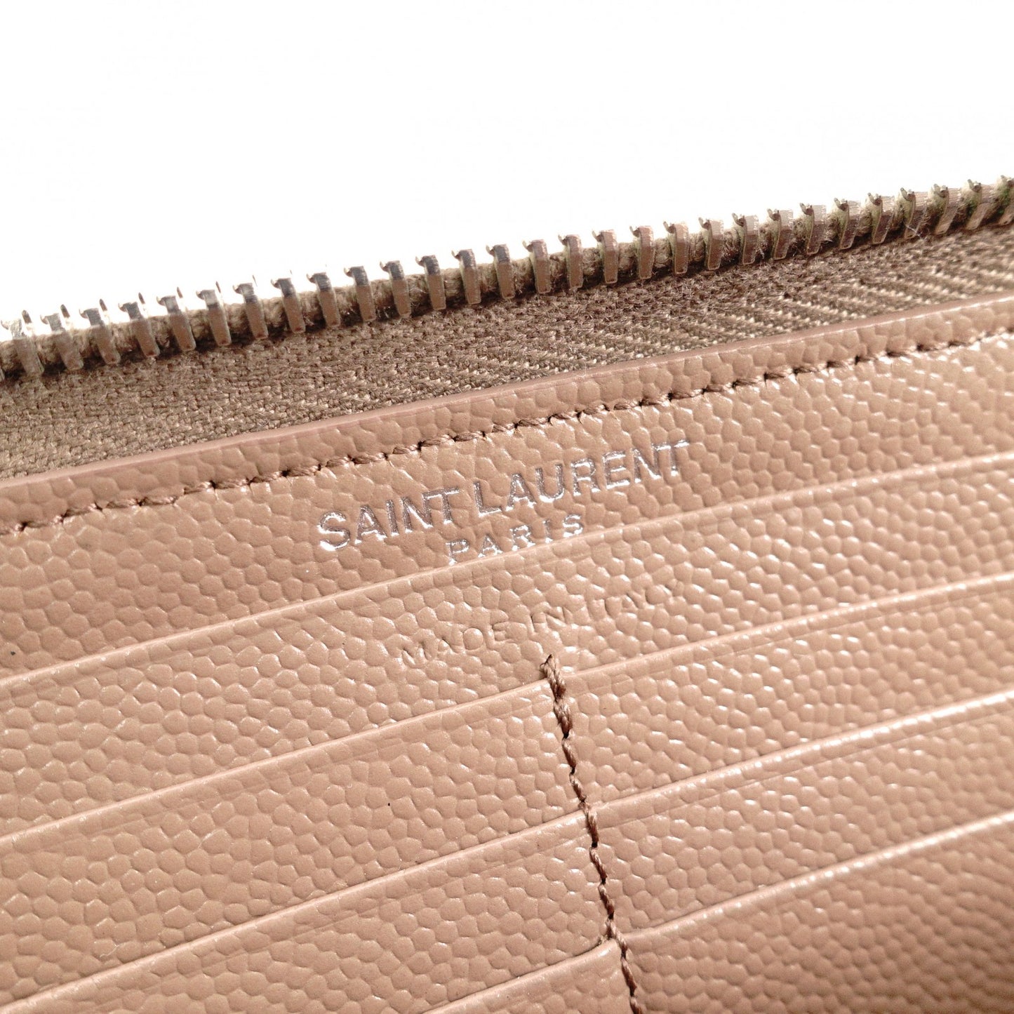 YVES SAINT LAURENT V-Stitch Cassandra Long Wallet, Leather, Beige, Silver Hardware