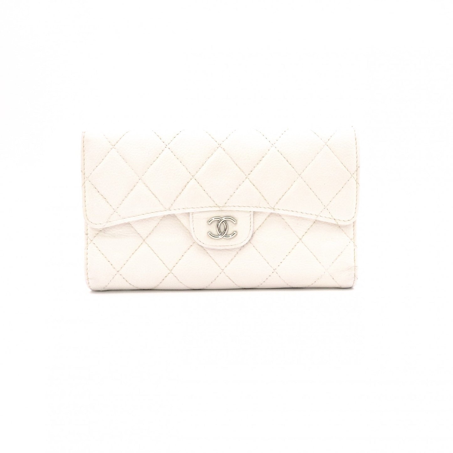 CHANEL Matelassé Long Wallet, Leather, White Caviar Skin, Flap Wallet, Silver Hardware