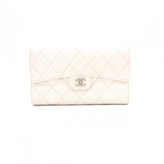 CHANEL Matelassé Long Wallet, Leather, White Caviar Skin, Flap Wallet, Silver Hardware