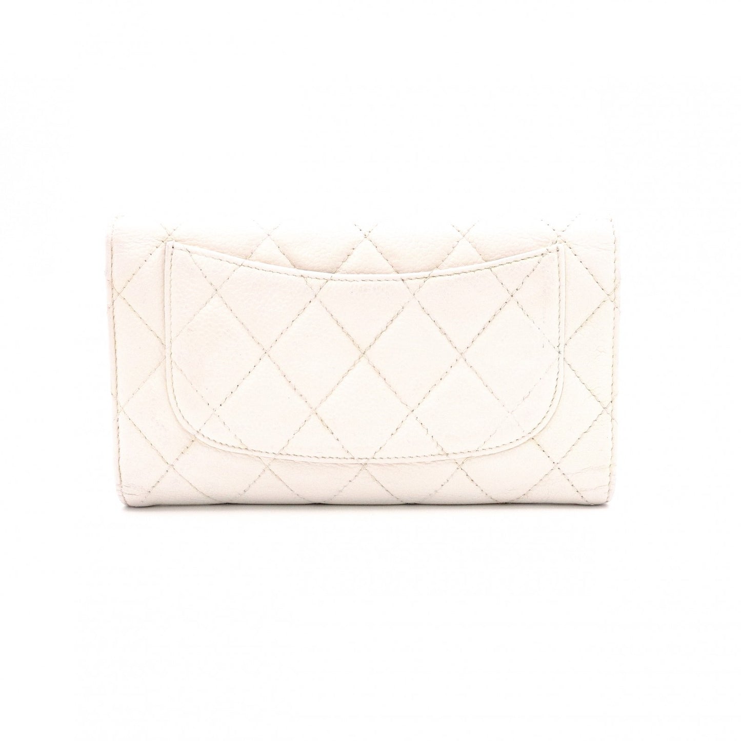 CHANEL Matelassé Long Wallet, Leather, White Caviar Skin, Flap Wallet, Silver Hardware
