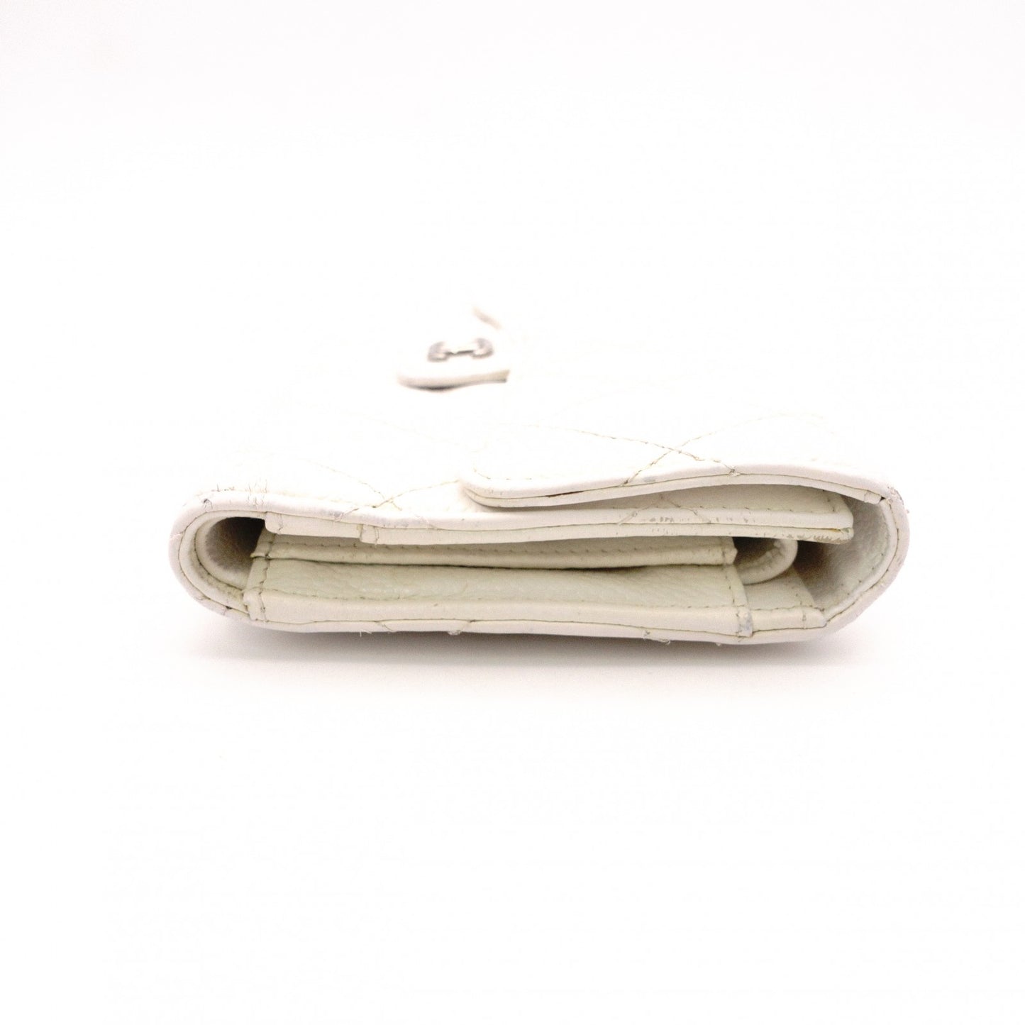 CHANEL Matelassé Long Wallet, Leather, White Caviar Skin, Flap Wallet, Silver Hardware