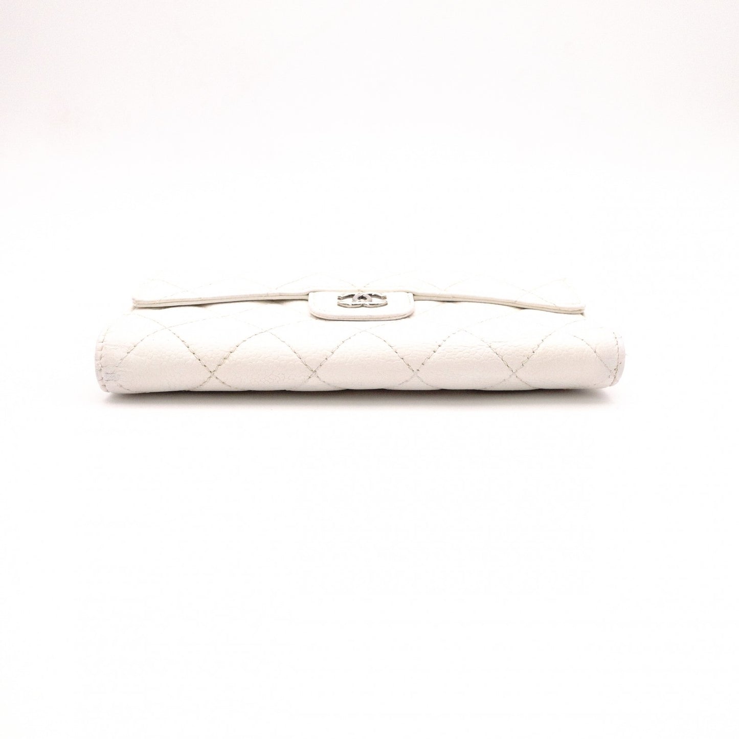 CHANEL Matelassé Long Wallet, Leather, White Caviar Skin, Flap Wallet, Silver Hardware