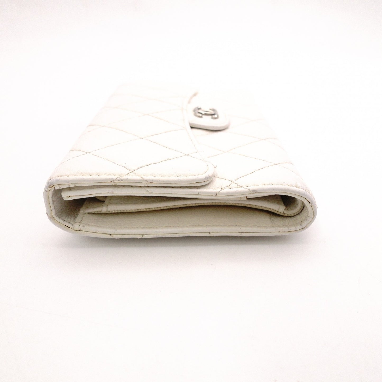CHANEL Matelassé Long Wallet, Leather, White Caviar Skin, Flap Wallet, Silver Hardware