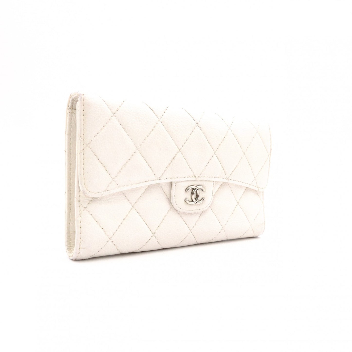 CHANEL Matelassé Long Wallet, Leather, White Caviar Skin, Flap Wallet, Silver Hardware