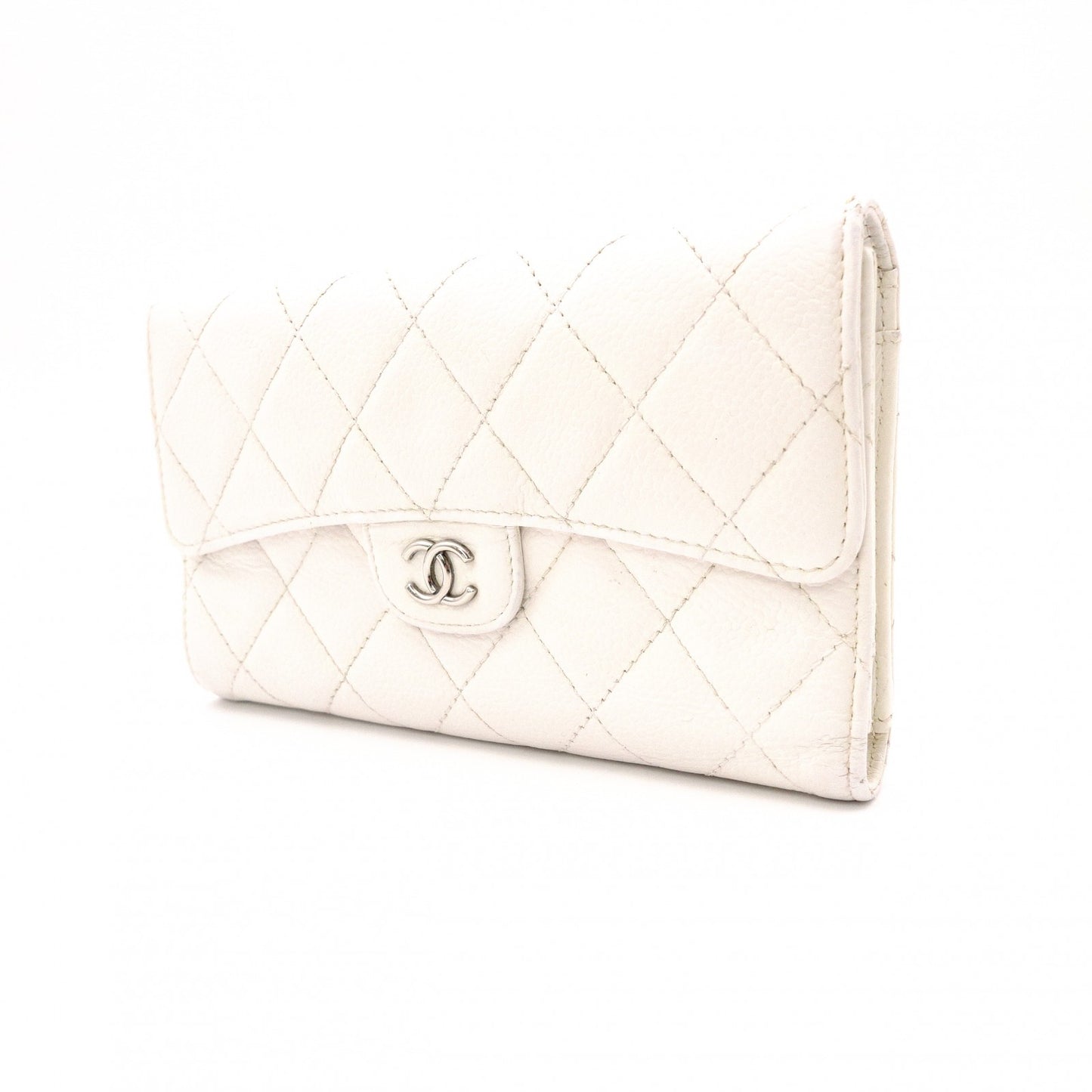 CHANEL Matelassé Long Wallet, Leather, White Caviar Skin, Flap Wallet, Silver Hardware