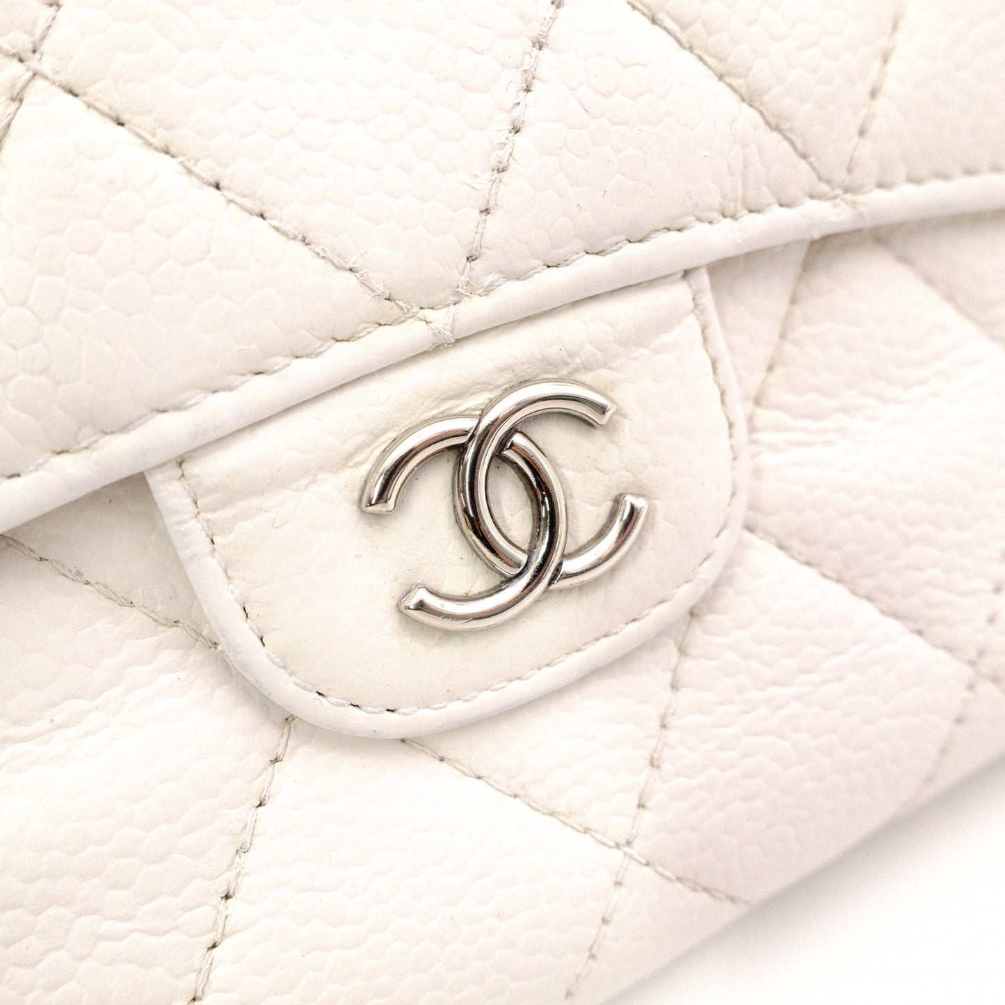 CHANEL Matelassé Long Wallet, Leather, White Caviar Skin, Flap Wallet, Silver Hardware