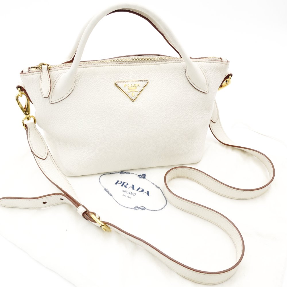PRADA Leather Handbag White 2-Way Shoulder Bag White Triangle Logo 7-12-228