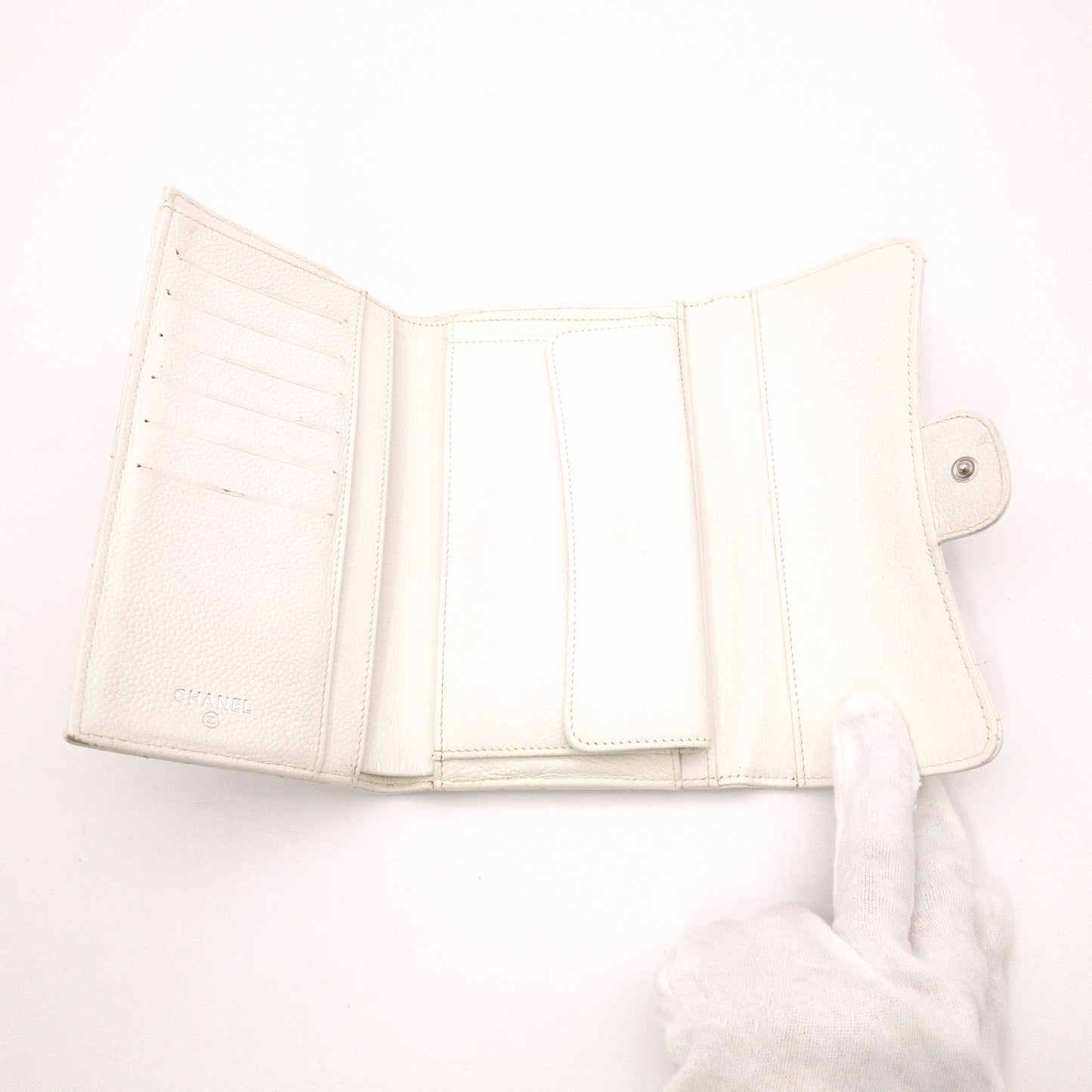 CHANEL Matelassé Long Wallet, Leather, White Caviar Skin, Flap Wallet, Silver Hardware
