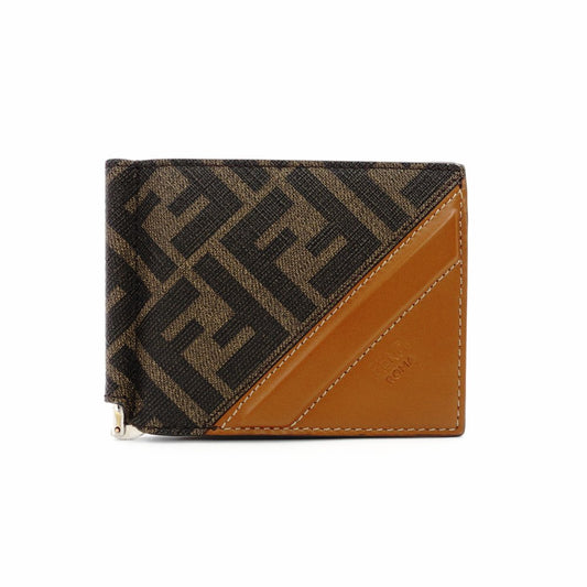 FENDI Zucca Fold Wallet Brown Men's Billfold Card Case Money Clip PVC Leather R801138