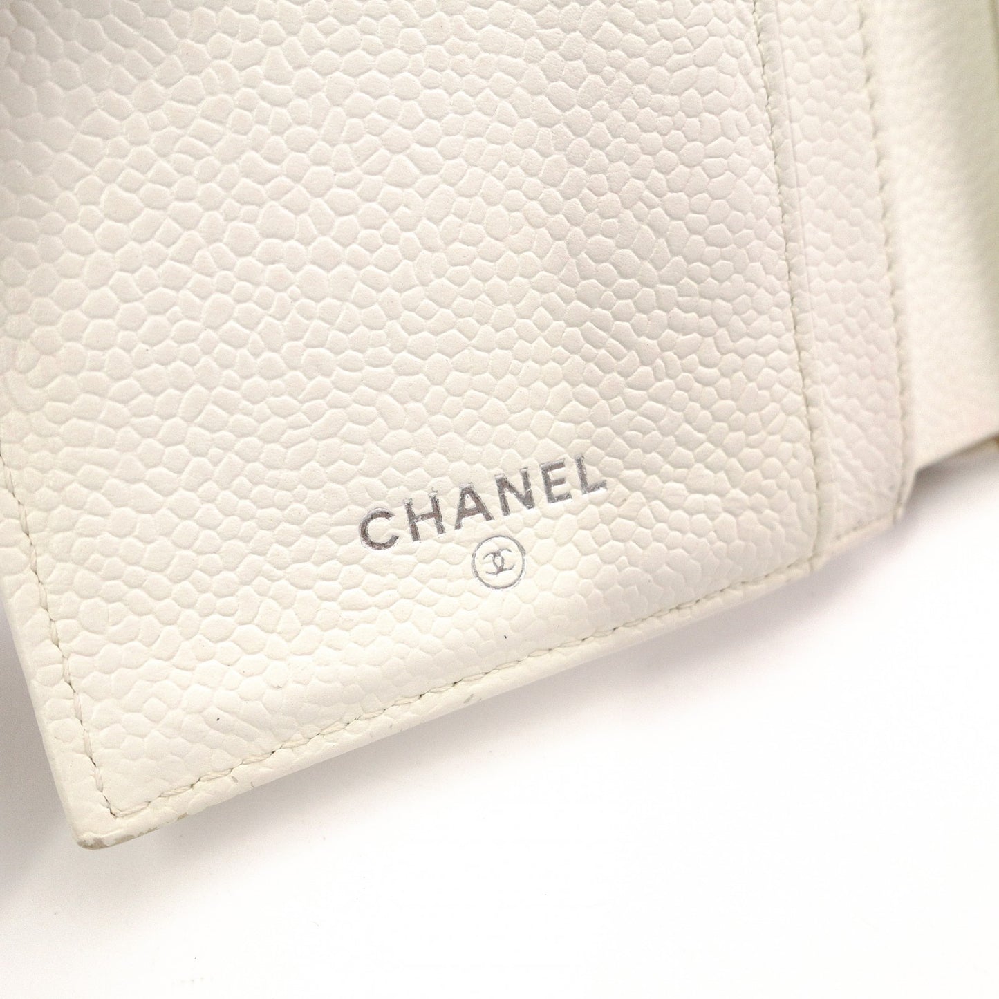 CHANEL Matelassé Long Wallet, Leather, White Caviar Skin, Flap Wallet, Silver Hardware