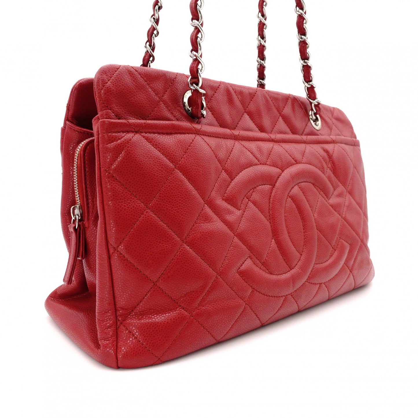 CHANEL Matelassé Shoulder Bag, Leather, Red Caviar Skin, Silver Hardware