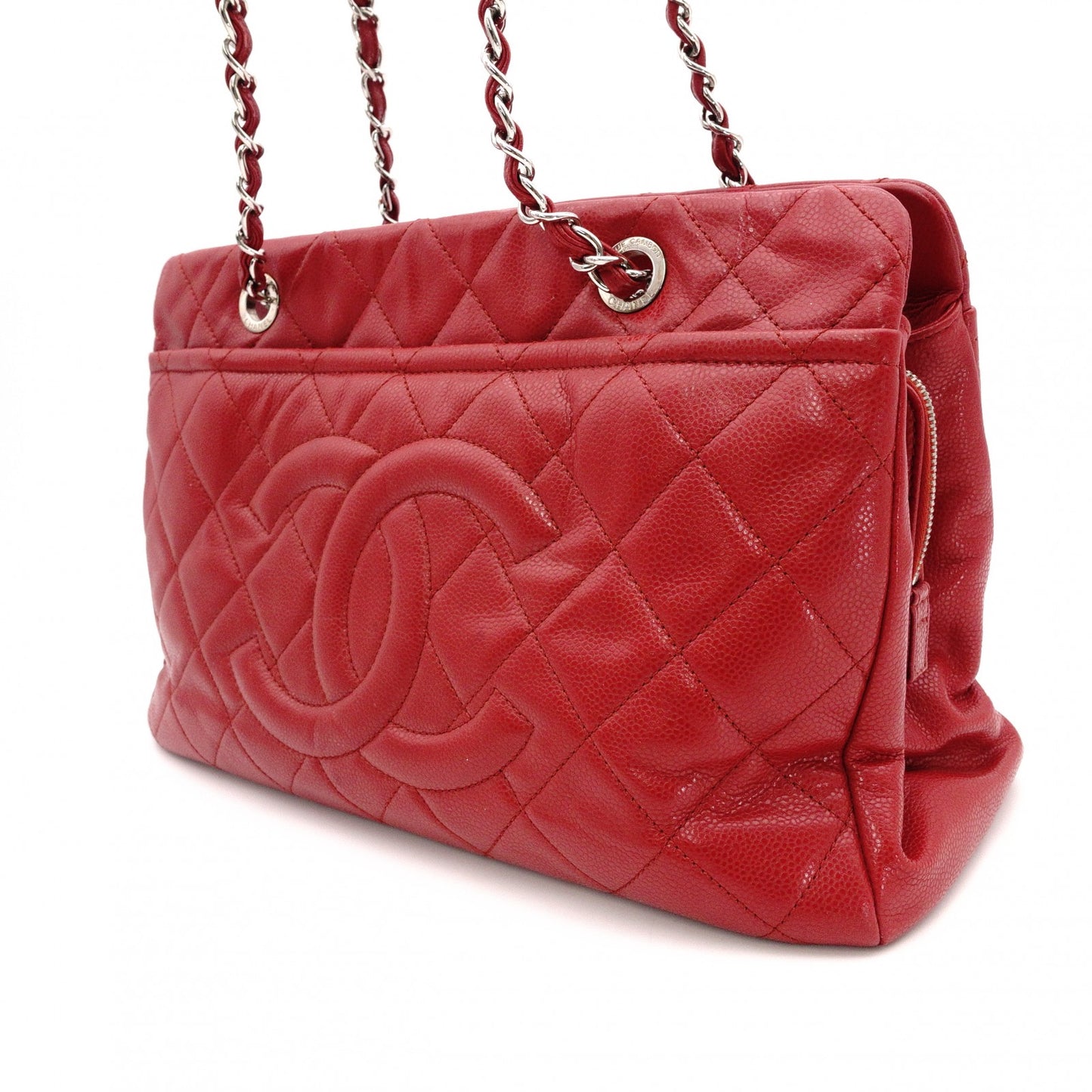 CHANEL Matelassé Shoulder Bag, Leather, Red Caviar Skin, Silver Hardware
