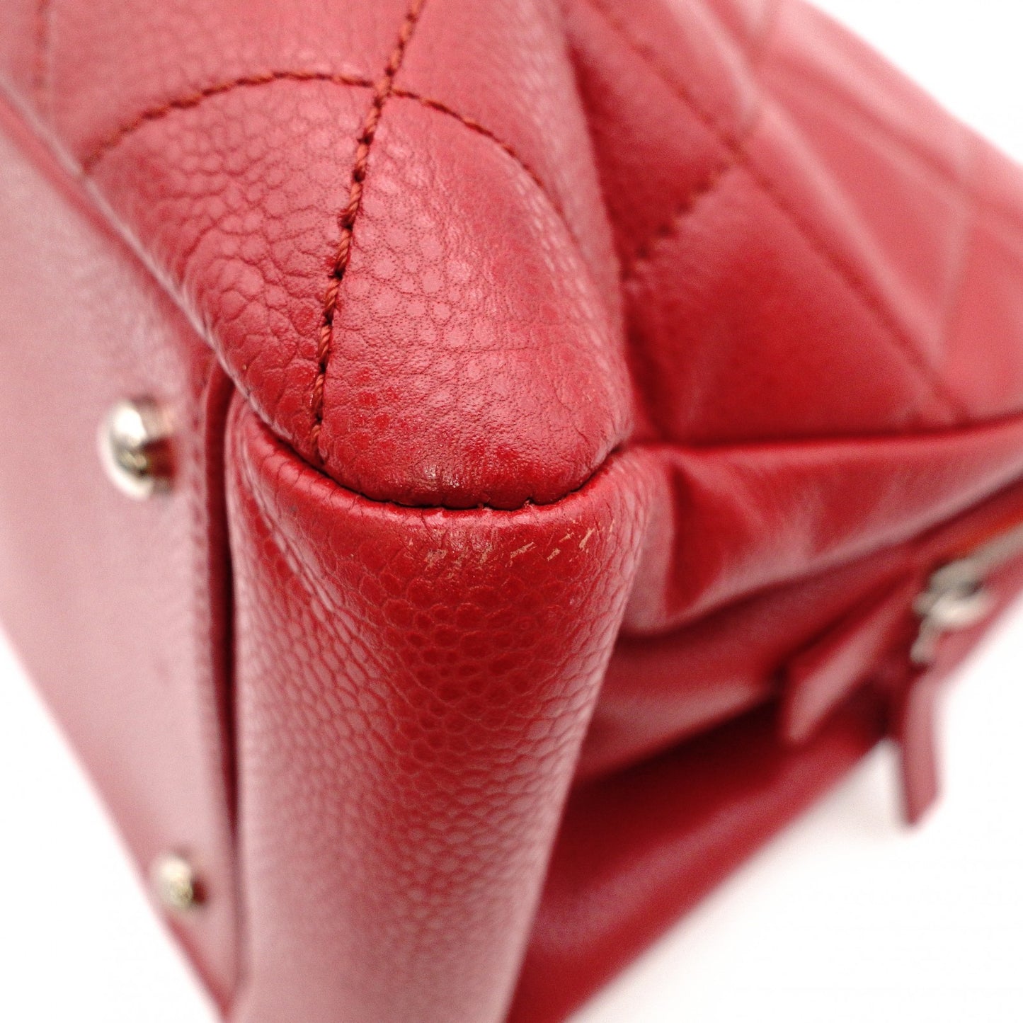 CHANEL Matelassé Shoulder Bag, Leather, Red Caviar Skin, Silver Hardware
