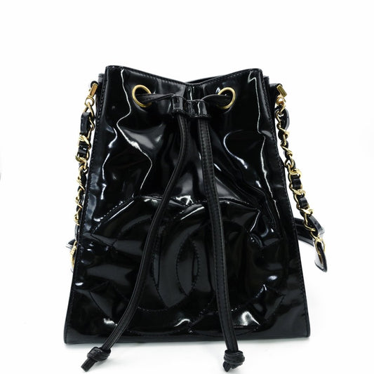 CHANEL Chain Shoulder Bag Drawstring Pouch Patent Leather Black Leather Coco Logo Black Gold Hardware 7-10-999