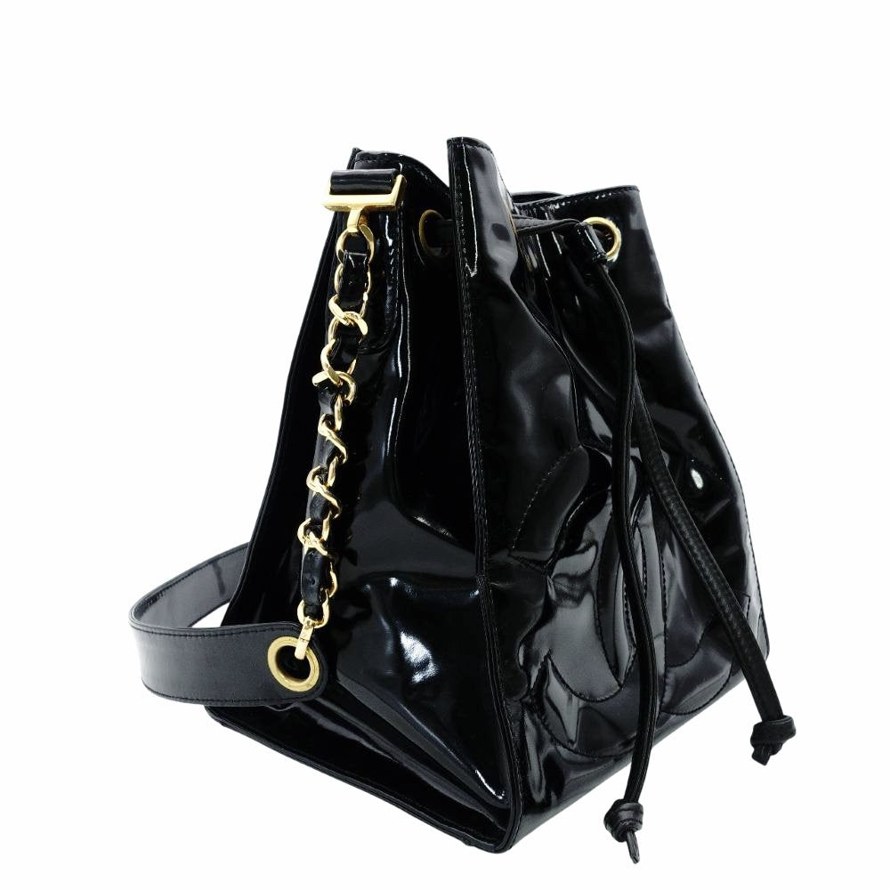 CHANEL Chain Shoulder Bag Drawstring Pouch Patent Leather Black Leather Coco Logo Black Gold Hardware 7-10-999